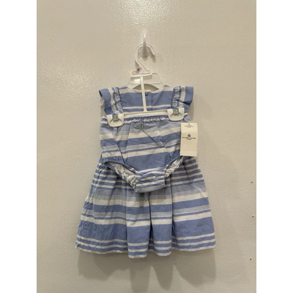 Ralph Lauren Baby Girls 9M Blue White Striped Ruffle Sleeve Dress NWT